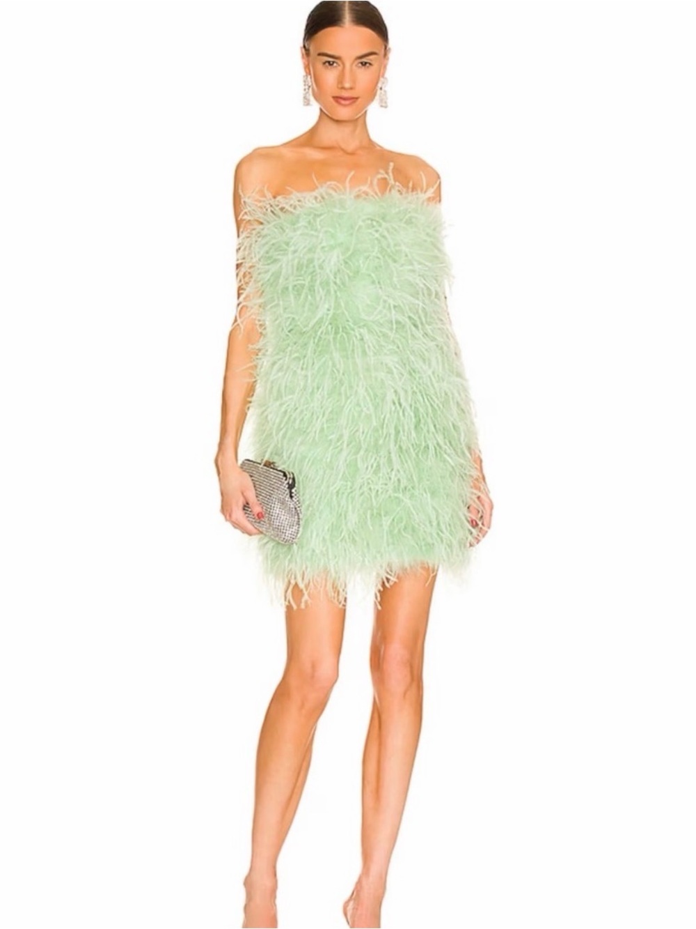 Lamarque Strapless Feather Mini Dress in Mint